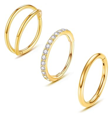 MeiziQL 3Pcs 20G Gold Hoop Nose Rings Surgical Steel Cartilage Hoop CZ Conch Hoop Earring Hypoallergenic Piercing Jewelry Women Men (20G Gold 8mm 3pcs)