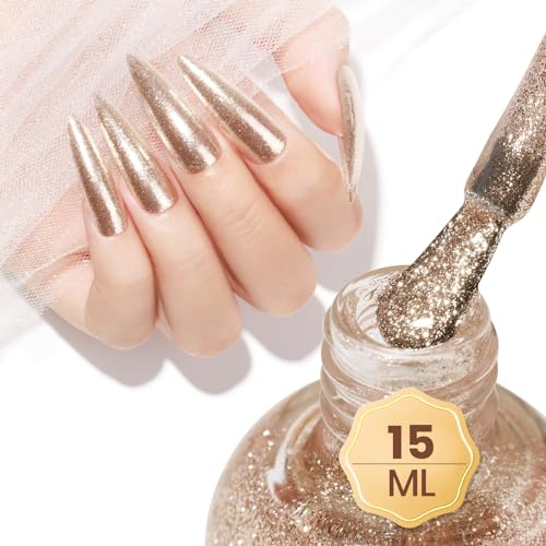MIZHSE Glitzer Nagellack, Nagellack Glitzer Gold Holographic und Shining Shine Nail Art - Nagelack Ohne UV Lampe Schnelltrocknend, Long Lasting Nail Polish 15ml 1PC