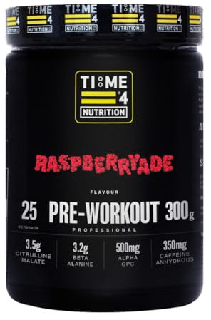Time 4 Pre Workout Professional High Strength Vegan Pre Workout Powder for Men & Women Energy Drink Zero Sugar with L Citrulline Malate, Beta Alanine, L-Tyrosine, Alpha GPC, Theacrine (Raspberryade)