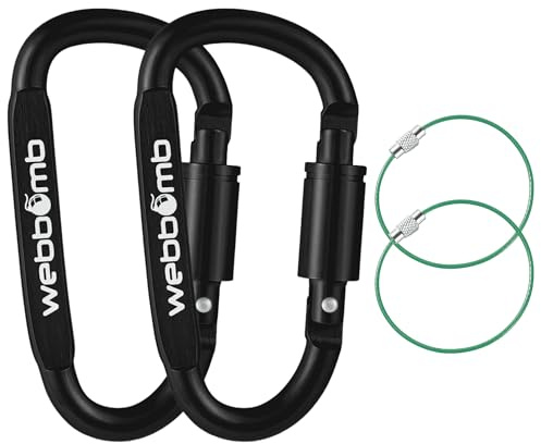 WEBBOMB® 2 moschettoni con tappo a vite, 80 mm, per campeggio, escursionismo, pesca, moschettone a vite, per passeggini, sport di equitazione, portachiavi