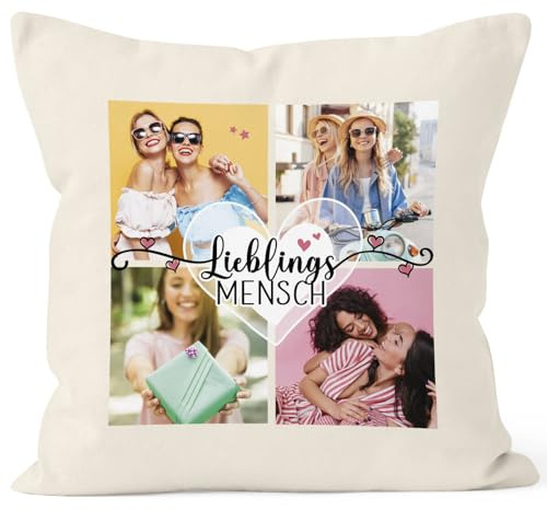 SpecialMe® Kissen-Bezug mit Foto-Collage personalisiert mit bis zu 4 Bildern Wunschtext Fotogeschenk Beste Freundin Freundschaftsgeschenk Natur Standard