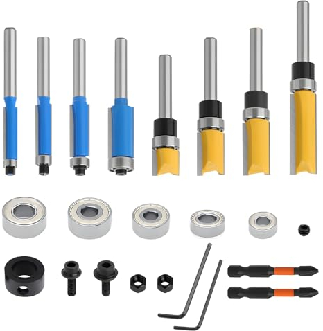 16Pcs 1/4 Inch Shank Flush Trim Router Bit Set Top Bearing Router Bit Straight Flush Trim Tools for Trim Shelf Edging Drawer, Professional Woodworking Milling Tools