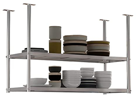 Deckenregal aus Edelstahl, 2-stöckig, zur Deckenmontage, für Bar, Restaurant, zum Aufhängen, dekorativer Blumenständer, 6 Größen (Farbe: Silber, Größe: 100 x 35 x 80 cm) (Silber 90 x 35 x 80 cm)