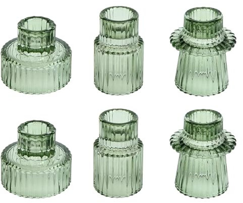 Cnwinu Set di 6 Portacandele in Vetro 2 in 1, Trasparenti, per Candele a Bastone, Matrimonio, Tavolo da Pranzo, Feste, Natale, Avvento, Soggiorno, Decorazione Vintage (Verde)