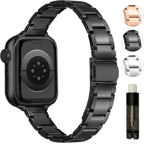 Tanoshimi Metallarmband kompatibelt med Apple Watch-armband 49 mm 44 mm 45 mm 42 mm 46 mm smal rem i rostfritt stål kompatibel med iWatch serie 10/SE/9/8/7/6/5/4/3/2/1, dam, svart