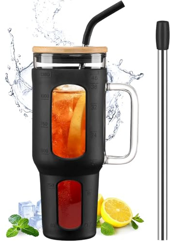 BLUEGO Gobelet en Verre 1400ml avec Couvercle, Tasse à Café Glacé avec Poignée, Manchon en Silicone, 2 Pailles, Sans BPA, Noir