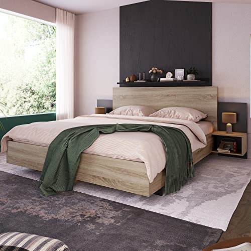 Lcoho Doppelbett Holzbett Bettanlage 160 x 200 cm mit 2 Nachtkommoden Modernes Bett inkl. 2 Nachttischen Schlafzimmer Komplett-205.5x235x76.5 cm(T/B/H) Set in Eiche Sonoma/Dunkelgrau