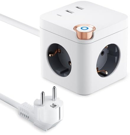 Mehrfachsteckdose mit 3 USB Würfel, 3 Fach Mehrfachstecker für Steckdose mit USB C, 3680W Steckdosenleiste mit Schalter, 1,5m Verlängerungskabel für Büro, Hause, Weiß