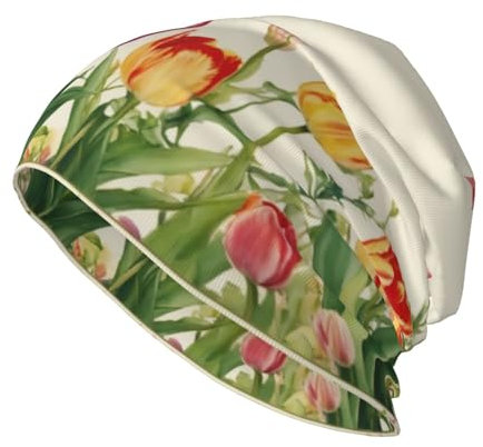 Strickmütze mit buntem Tulpenmuster, für Damen und Herren, Outdoor-Mütze, Beanie-Mütze, Chemo-Mütze, lässige Kopfbedeckung, schwarz, Einheitsgröße, Schwarz, EinheitsgröÃŸe