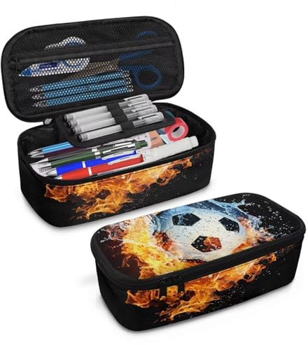 COEQINE Pencil Case for Boys Soccer Burning 3D Fire Ball and Water Pencil Case for Boys Middle School Large Pencil Box