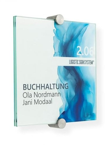 Logistic Sign System I Türschild Glas für Büro, Vitrum K2, Klemmhalter (160/160 mm)