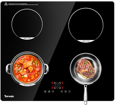 TOPWISH placa de inducción de 60 cm, placa con 4 zonas FlexInduction, placa de cocina de inducción con temporizador y función PowerBoost