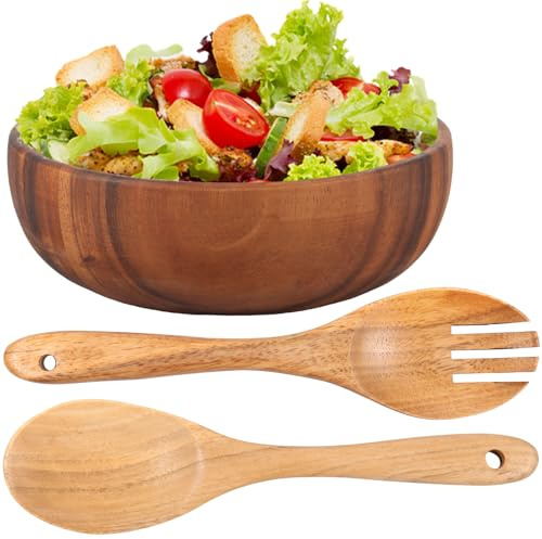 VAVPUP 3pcs Wood Salad Bowl Set with Salad Spoon & Fork Family-Sized,Natural Wood Grain Bowl,7.9 Large Mixing Bowl for BBQ,Picnic,Camping,Fruits,Vegetables Salads (3pcs)