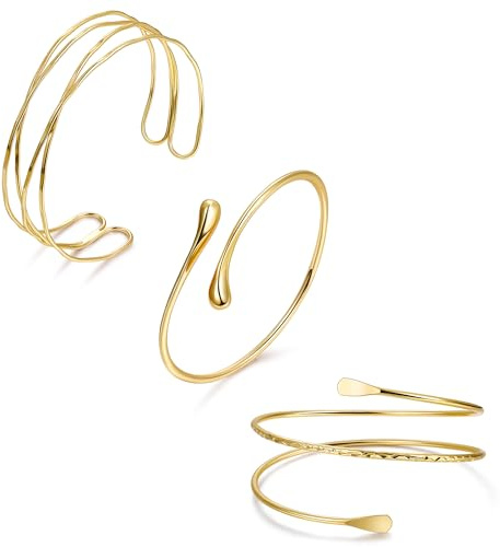 YOVORO 3Pcs Arm Cuff for Women Boho Coil Arm Cuff Bangle Set Adjustable Minimalist Gold Coil Upper Arm Bracelet Gold B