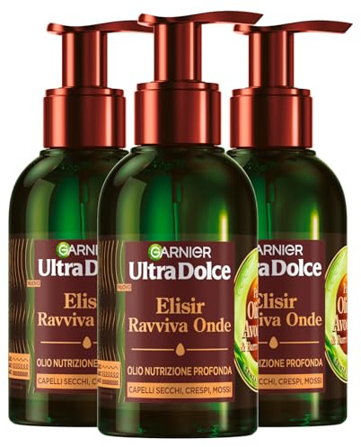 Garnier Ultra süßes Elixier belebt Wellen Öl tiefe Nährung mit reinem Avocadoöl und Sheabutter für trockenes, krauses Haar, krauses Haar, intensive Feuchtigkeit – 3 Flaschen à 120 ml