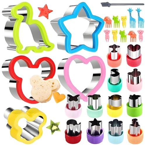 Sandwich Cutters for Kids, 28 Pack Cookie Cutters for Kids, Vegetable Cutters for Kid Set, Stainless Steel Fruit Shape Cutter Cute Fruit Mold with 10 Fruit Animal Picks for Kid Baking Tools