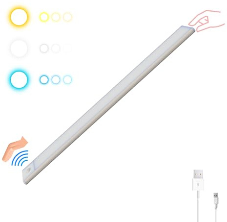 HOMPLEMENT - Luz de Armario LED con Sensor Recargable, Barra LED Magnética de 3 Tonos, Intensidad Ajustable y Dimmable para Iluminación Interior, Carga USB, Longitud 40cm (Gris, 1 Pieza)