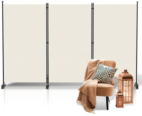 Ikodm Paravent utomhus, rumsavdelare på hjul 3 delar 263 × 181 cm, väderbeständig paravent för utomhus och kontor, trädgård balkong terrass – beige