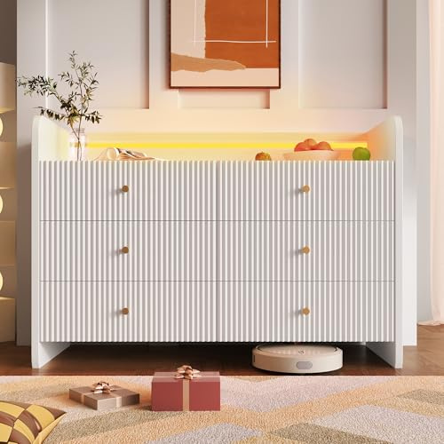 BTM 6 Drawer Chest of Drawers, 6 Chest of Drawers, Fluted 6-Drawer Sideboard, Modern Storage Cabinet with RGB LED Lighting & Shelves, 75x120x40cm, White