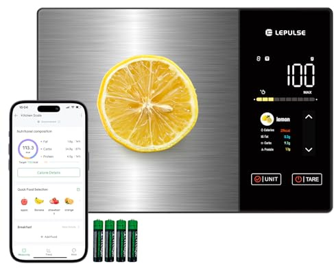Digitale Küchenwaage mit Nährwertberechnung, Lebensmittelwaage mit 24 Nährwertanalyse, 5kg Edelstahl-Ernährungswaage, TFT Farbdisplay, 50 Offline & unbegrenzte Kalorienanalyse per App, Tara Funktion