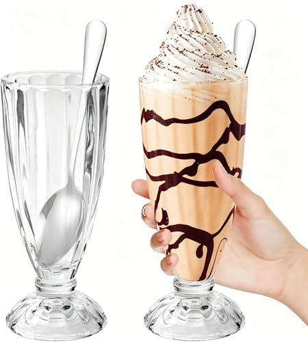 YBCCBY 2PCS Milkshake Glasses, Ice Cream Sundae Glasses Reusable Dessert Glass Clear Dessert Cups with Footed Base Soda Fountain with 2 Spoons for Juice, Ice Cream, Soda (12.98oz / 380 ml, Clear)