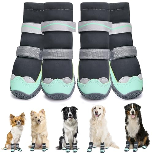 Eyein Hundeschuhe Pfotenschutz Winter, Wasserabweisend hohem Design Hundeschuhe mit verstellbarem Gummischnur und reflektierendem Klettverschluss, die vor Salz, Schnee, Sandkörner (Grün, Größe 7)