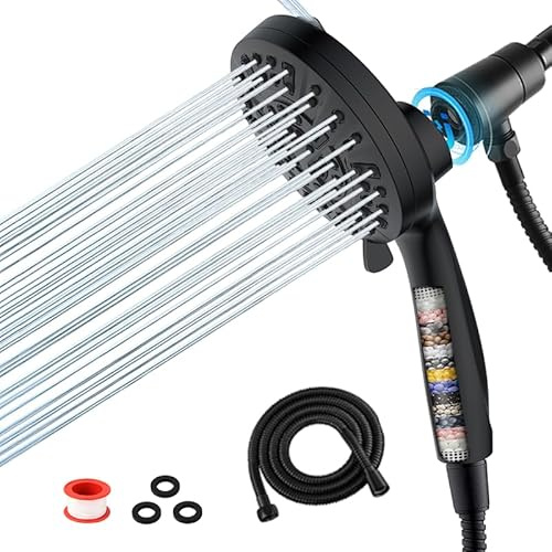 Hoofun Magnet Duschkopf mit Filter, Handbrause Schwarz | 10 Strahlarten, 1,5m Edelstahl Schlauch & Halterung, Anti-Kalk Brausekopf Wassersparend für Bad Haustiere Reinigung