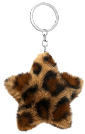 DONWOIE Sternen Schlüsselanhänger, Taschenanhänger für Damen | Plüschiger Pompon Schlüsselband mit Braun-Schwarzem Leopardenmuster Geschenke für Fashionistas und Animal-Print-Liebhaber