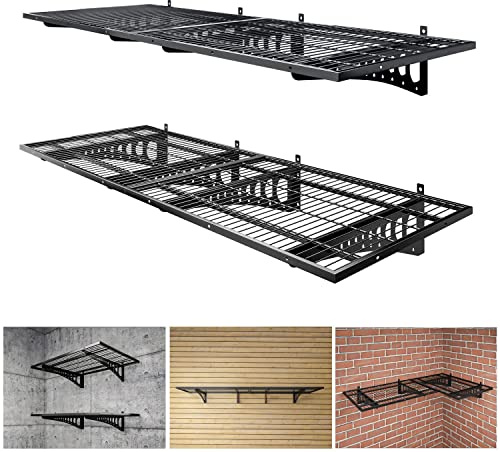 Diumvi 4-Pack 2×3ft(24×36 inch) Garage Wall Shelving, 1000 lbs Load Capacity, Garage Wall Mounted Shelves, Heavy Duty Shelf with Hooks, Black