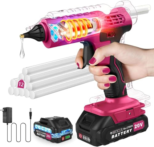 Juego de pistola de pegamento caliente inalámbrica de 100 W con batería y cargador, pistola de pegamento de tamaño completo, inalámbrica y recargable, 12 barras de pegamento de 0.43 pulgadas, pistola