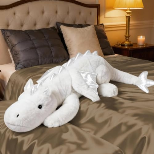 ARELUX Giant 50in 3Lb Big White Dragon Large Stuffed Animals Cute Plush Toy Fuzzy Jumbo Dinosaur Pillow Plushies with Wings Cuddly Soft Green Pterosaur Plushie for Friends Family Member