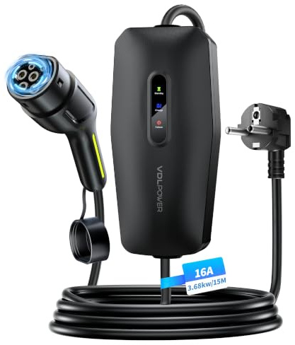Ladekabel Typ 2, 3.68KW 15M Ladekabel Elektroauto, 16A EV Ladegerät, Typ 2 für Elektrofahrzeuge mit Einphasigem EU-Schuko, IP65 Kompatibel mit Model Y/3, XC60, ID.3, ID.4 (15, Meter)