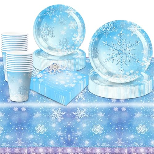 81Pcs Birthday Decorations, Frozen Party Decorations Kids' Party Tableware Set, Snowflakes Theme Birthday Party Plates Cups and Napkins Tablecloth 20 Guests