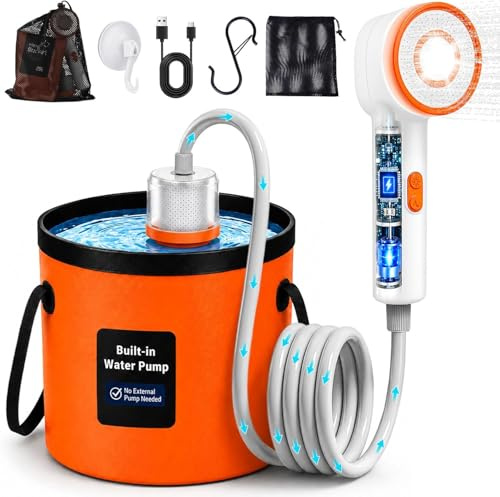 Portable Shower for Camping with LED Light, Rechargeable Camp Shower Pump with Foldable 5.3-Gallon Bucket, Filtered Shower Head, Outdoor Shower Pump for Hiking, RV, Travel, Car Washing, Pet Bath