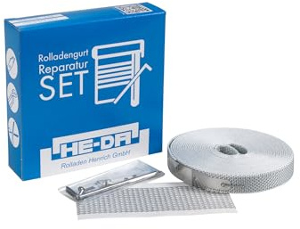 HE-DA Rolladen Reparatur Set MINI 14 mm, Gurt-Repartur Set, 5 Meter lang, mit Edelstahlstreifen und Gewebeklebestreifen, Reparatur ohne öffnen des Rolladenkastens (grau)