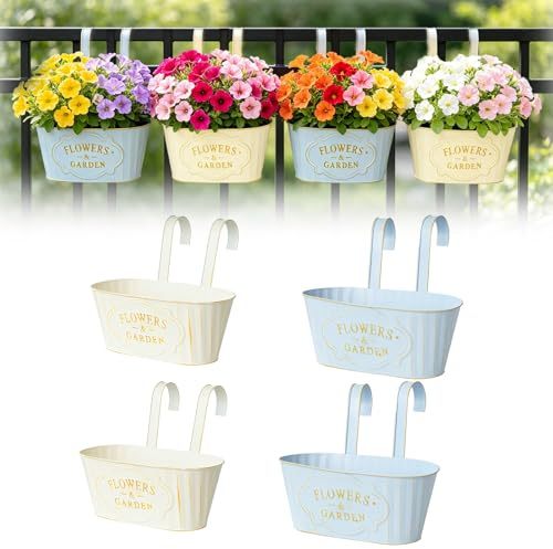 Bcuuozeeing 4 Stück Metall Blumentopf Hängend, 28CM Blumentöpfe zum Aufhängen, Gartentöpfe Balkon Pflanzgefäße, Metalleimer Blumenhalter Wandbehang Dekortopf Haken für Balkon Zaun Garten