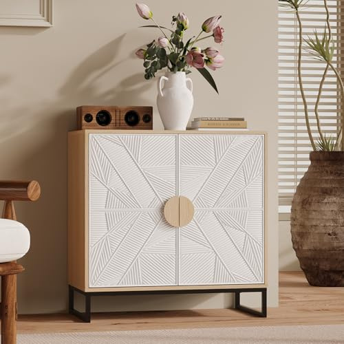 VOWNER Buffet 2 Portes avec Plan de Travail, Meuble de Rangement en Bois Blanc et Naturel, Meuble Bas pour Cuisine, Salle à Manger, Salon, 80x40x80 cm (Blanc)