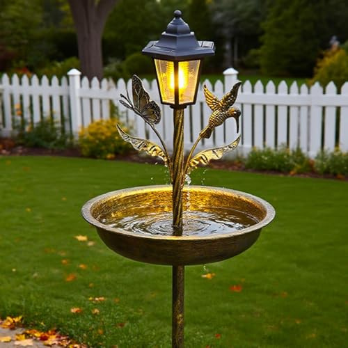 BlesConi Solar-Vogelfutterstation und Badewanne für Kombination mit Nachtlicht, Wetter-Metall-Gartendekoration für Hinterhof, Rasen, dekorativer Pfahl, 104 cm (Antik)