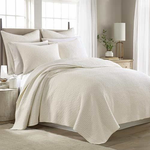 ATUIO Levtex Home - Cross Stitch Quilt Set - 100% Cotton - Full/Queen Quilt (88x92in.) + 2 Standard Shams (26x20in.) - Cream