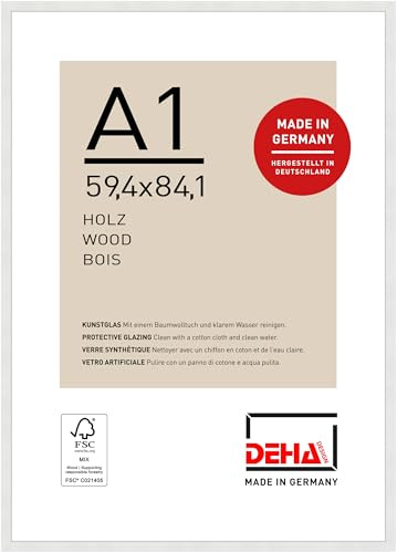 DEHA Design Holz Bilderrahmen Fontana, 59,4 x 84,1 cm (A1), Weiß | Holz Posterrahmen im Hoch- & Querformat zum Aufhängen Weiß matt bruchsicheres Kunstglas