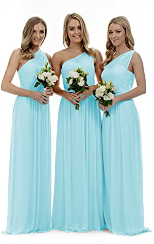 Lecureler Vestido largo de dama de honor y graduación con un hombro descubierto, azul celeste, 44