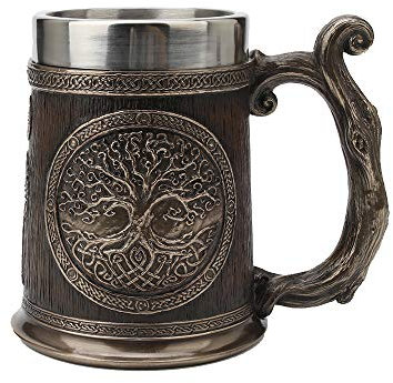 Veronese Design - Boccale da birra in resina pressofusa a freddo, finitura bronzo antico, nodo celtico, albero della vita, bicchiere in acciaio inox, decorazione per la casa vichinga