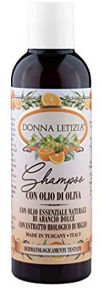 DONNA LETIZIA Shampoo con Olio D’Oliva. Profumato con Olio Essenziale Naturale di Arancio Dolce. Shampoo per Donna, Uomo e Bambini. Dermatologicamente Testato 200ml Made in Tuscany