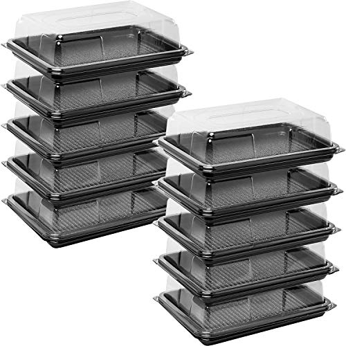 delisupplies Pack of 10 Mini Rectangle Food, Cake, Sandwich Platter Tray Set, Black Tray Base with Clear Lid Durable Buffet Catering Food Sandwich Trays (L250mm x W180mm x 70mm with Lids)