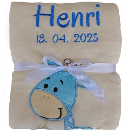 Wuff-Dogsworld Babydecke mit Namen und Geburtsdatum Bestickt, personalisierte Kuscheldecke, viele Motive & Farben, Geschenk zur Geburt für Mädchen & Jungen (beige Giraffe blau)