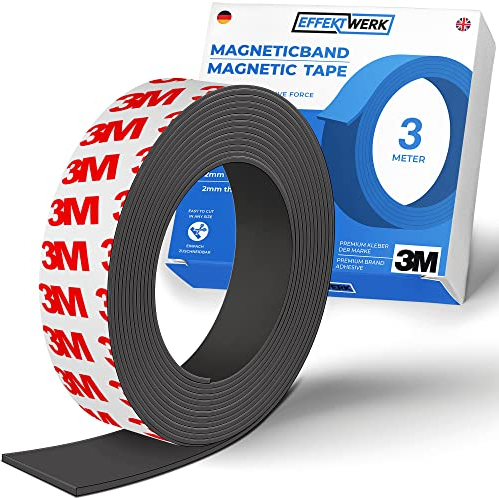 EFFEKTWERK Rollo de cinta magnética (3 metro), tiras magnéticas extra gruesas y anchas con fuerte respaldo autoadhesivo, fácil de cortar y pegar a superficies planas