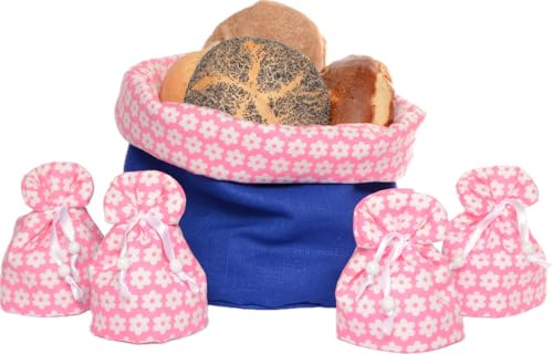 Brotkorbset inklusive 4 passenden Eierwärmern im Design rosa-Blümchen