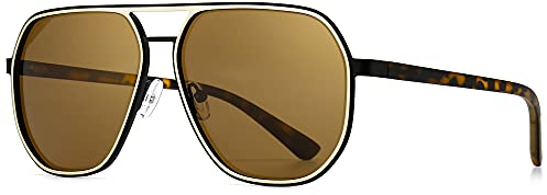 SUNGAIT Polygon-Sonnenbrille für Herren, polarisiert, trendige quadratische Sonnenbrille, Retro-Pilot-Sonnenbrille (Bernsteinfarbener Rahmen/goldener Rand/braune Linse) SGT375SJKCP-DE