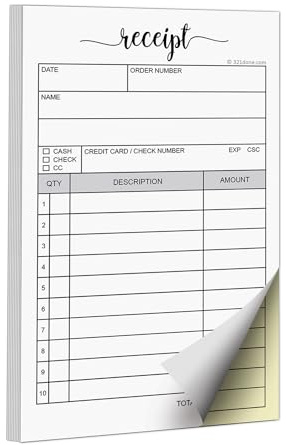 321Done Receipt Book with Carbon Copies for Small Boutique Business, 2-Part Carbonless Carbon Copy Duplicate, Sales Order & Invoice Pad, 3.4x5.5 Handheld, 50 White/Yellow Sets - Made in USA