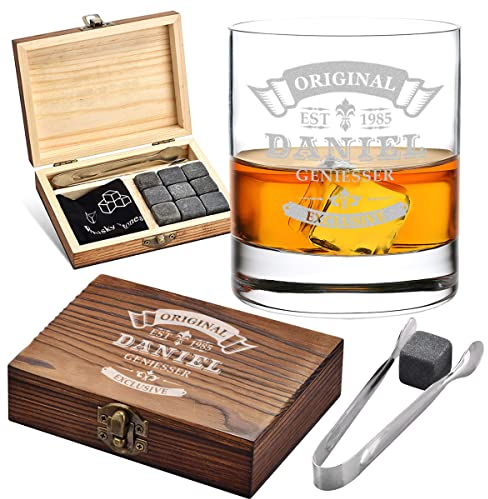 5-TLG Whisky Kühlsteine Set - Holzkiste und Whisky Tumbler mit Wunschgravur - 9x Kühlsteine, 1x Zange, 1x Beutel, 1x Holzkiste - für Whisky, Scotch, Gin - Geburtstag - Motiv Original Exclusive